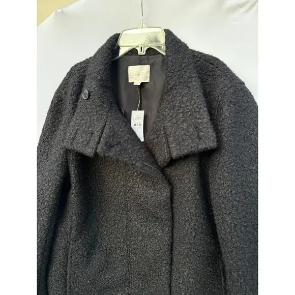 LOFT Curly Funnel Neck Black Peacoat Jacket Size Medium NWT
